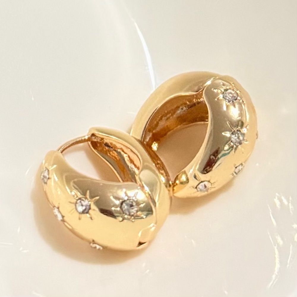 NEW! Anthropologie Celestial Stars Crystal Dome Huggies Hoop Gold Earrings
